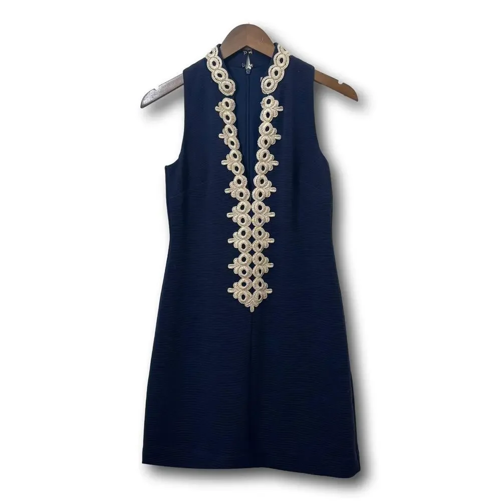 Lilly Pulitzer Callista Shift Dress Navy Gold Lace XS Sleeveless Sold Out - Picture 2 of 8